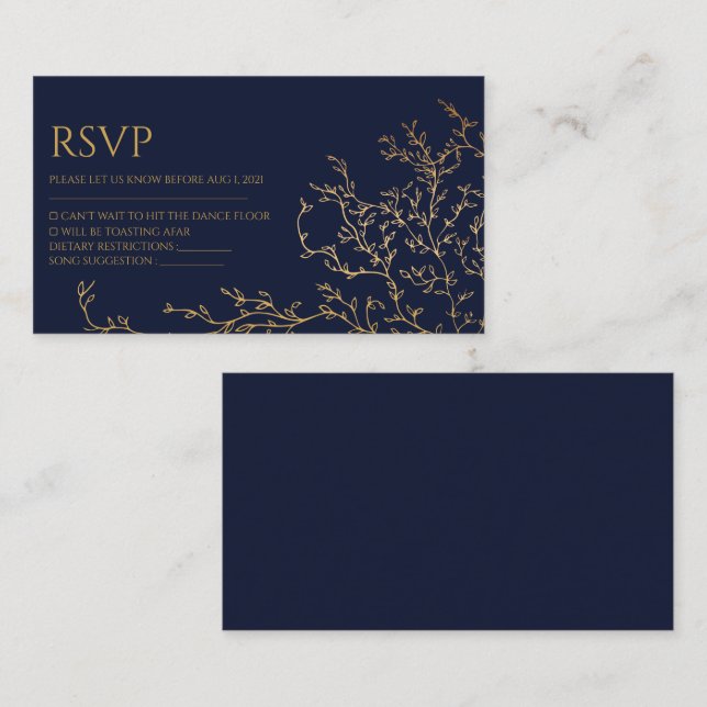 Royal Navy-Blue & Gold Wedding Rsvp Card Begleitkarte (Vorne/Hinten)
