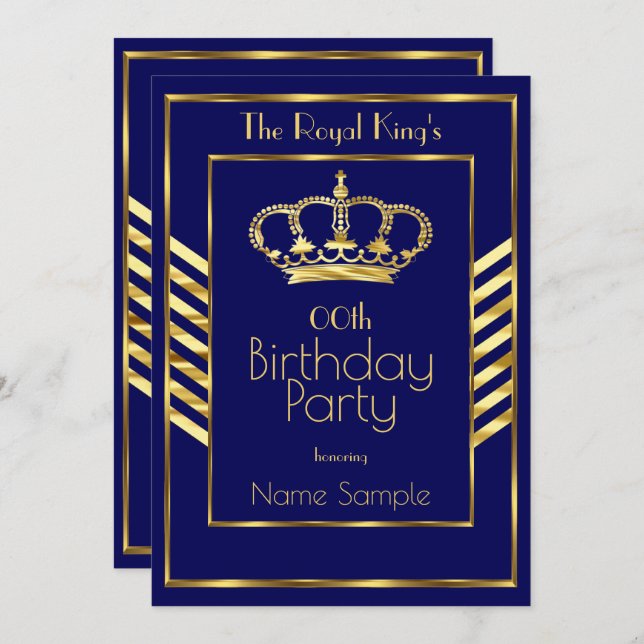 Royal Navy Blue King Man Birthday Party Gold Crown Einladung (Vorne/Hinten)