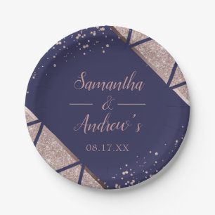 Royal Navy Blue Rose Gold Confetti Glitzer Wedding Pappteller