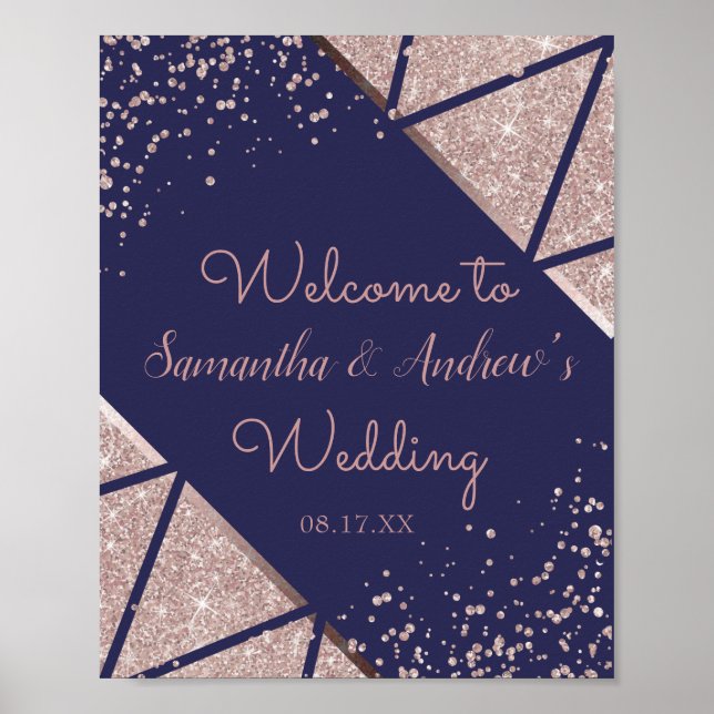Royal Navy Blue Rose Gold Confetti Glitzer Wedding Poster (Vorne)