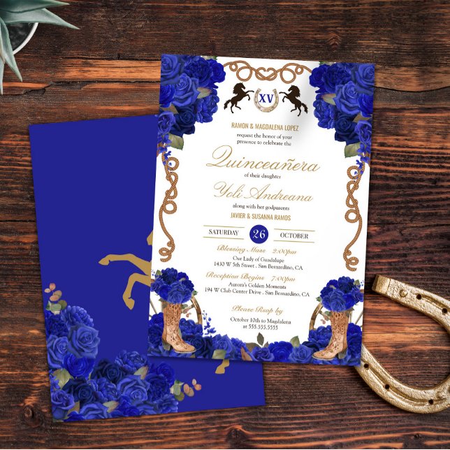 Royal Navy Blue Rose Western Charro Quinceañera Einladung (Von Creator hochgeladen)