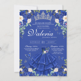 Royal Navy Blue Rosen Butterfly Silver Quinceanera Einladung
