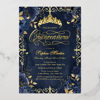 Royal Navy Gold Butterfly Rosen Quinceanera Folieneinladung
