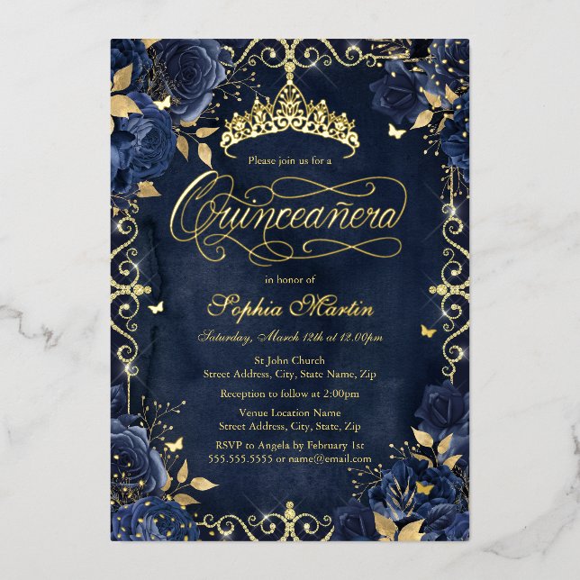 Royal Navy Gold Butterfly Rosen Quinceanera Folieneinladung (Vorderseite)