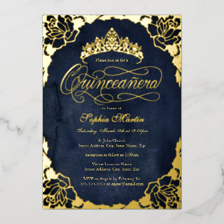 Royal Navy Gold Elegante Rose Script Quinceanera Folieneinladung