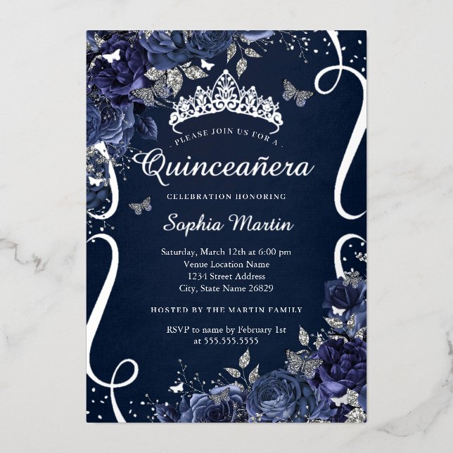 Royal Navy Scroll Floral Butterfly Quinceanera Folieneinladung (Vorderseite)