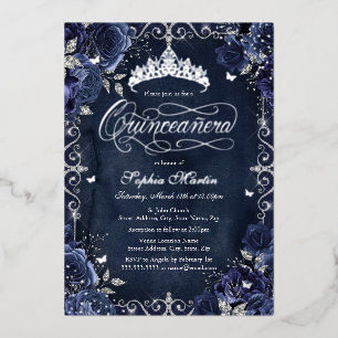 Royal Navy Silber Schmetterling Rose Quinceanera Folieneinladung