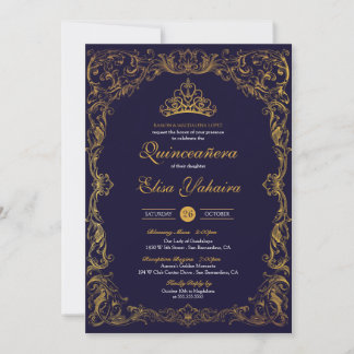 Royal Ornamental Gold Blue Crown Storybook Quince Einladung
