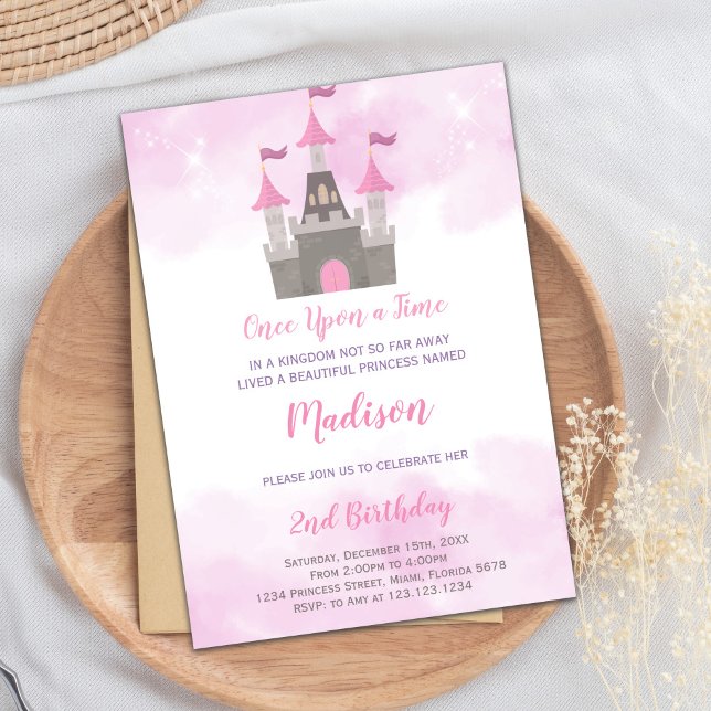 Royal Party Card for Girls Einladung (Pink Gray Castle Princess Birthday Invitations)