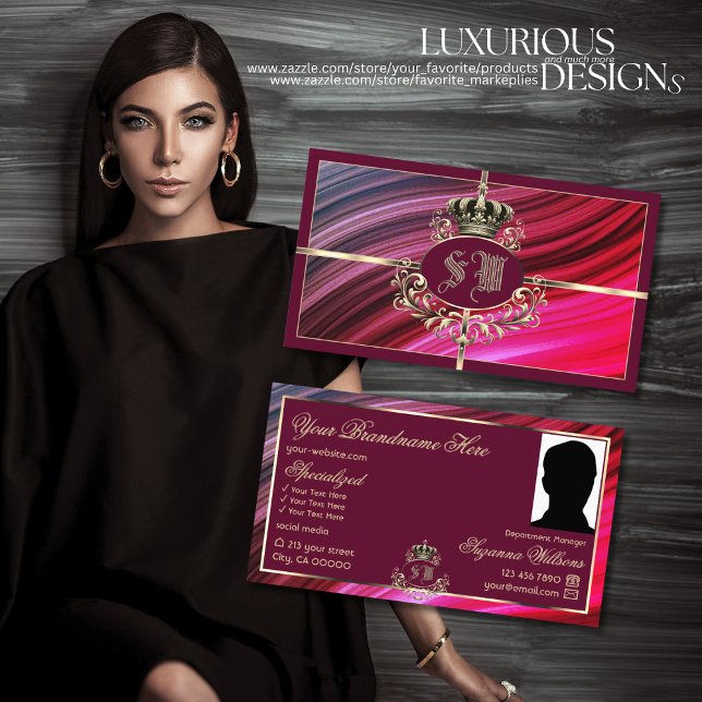 Royal Pink Burgundy Gold Crown mit Monogram Foto Visitenkarte (Von Creator hochgeladen)