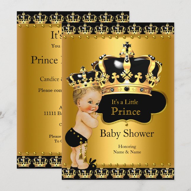 Royal Prince Baby Dusche Black Gold Blonde Einladung (Vorne/Hinten)