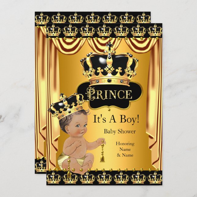 Royal Prince Baby Dusche Black Gold Brünett Einladung (Vorne/Hinten)