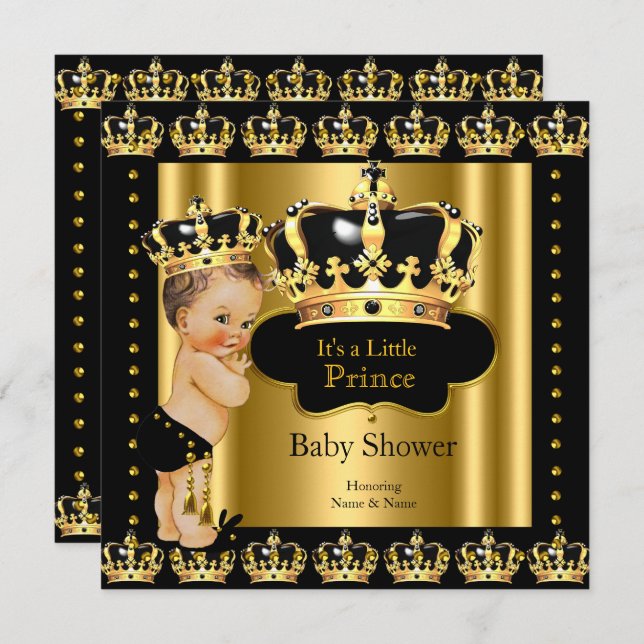 Royal Prince Baby Dusche Black Gold Crown Einladung (Vorne/Hinten)