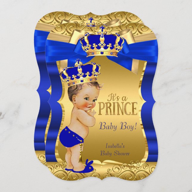 Royal Prince Baby Dusche Blue Gold Bow Brünett Einladung (Vorne/Hinten)