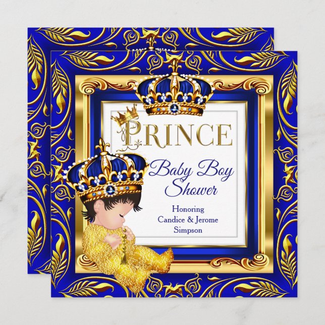 Royal Prince Baby Dusche Blue Gold Brünett Einladung (Vorne/Hinten)