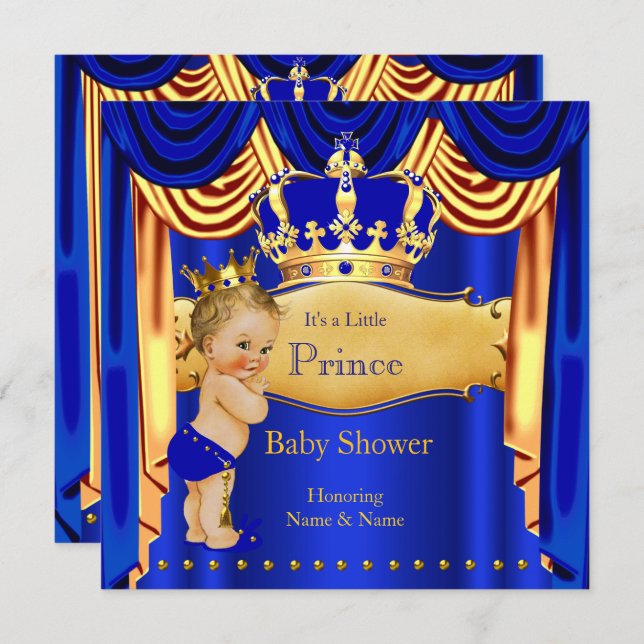 Royal Prince Baby Dusche Blue Gold Crown Blonde Einladung (Vorne/Hinten)