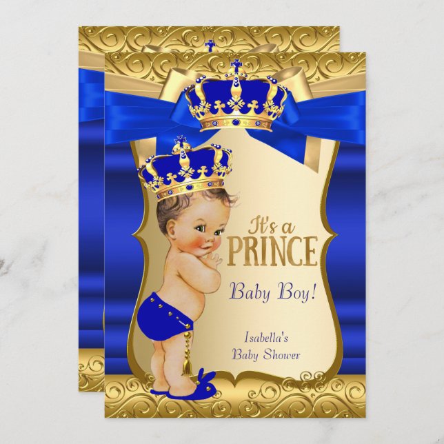 Royal Prince Baby Dusche Blue Gold Damask Brünett Einladung (Vorne/Hinten)
