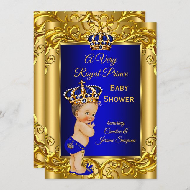 Royal Prince Baby Dusche Royal Blue Gold brünett Einladung (Vorne/Hinten)