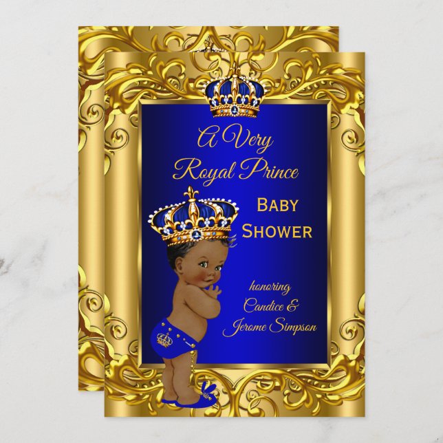Royal Prince Baby Dusche Royal Blue Gold ethnische Einladung (Vorne/Hinten)