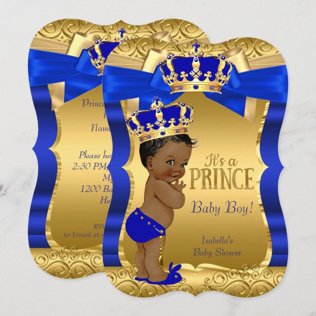 Royal Prince Baby Duwer Blue Gold Bow Ethnic Einladung (Vorne/Hinten)