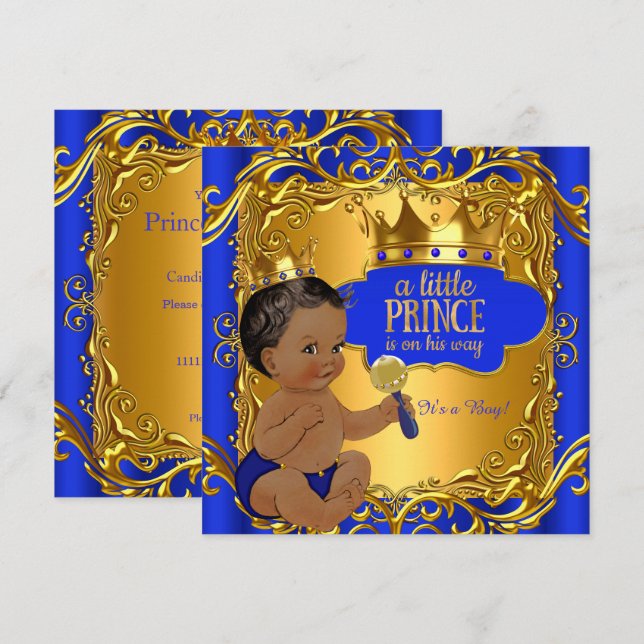 Royal Prince Baby Duwer Blue Gold Rattle Ethnic Einladung (Vorne/Hinten)