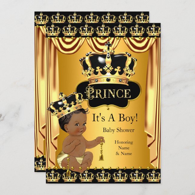 Royal Prince Baby Shower Black Gold Ethnic Boy Einladung (Vorne/Hinten)