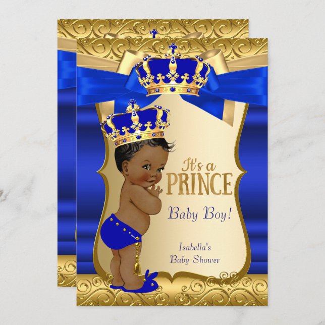 Royal Prince Baby Shower Blue Gold Damask Ethnic Einladung (Vorne/Hinten)