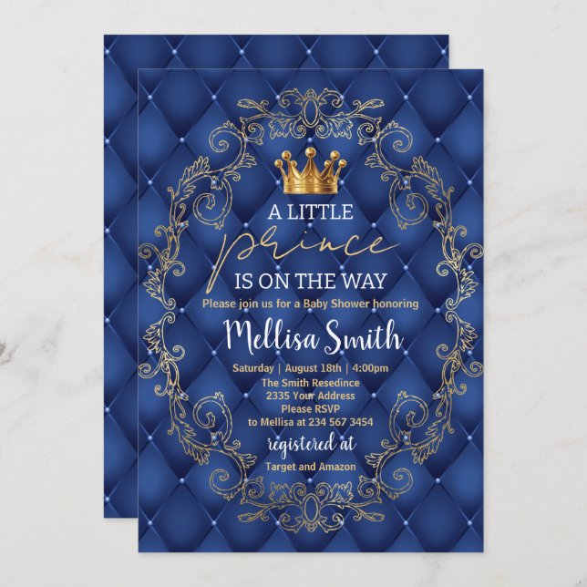 Royal Prince Baby Shower Blue Gold Rattle Ethnic Einladung (Vorne/Hinten)