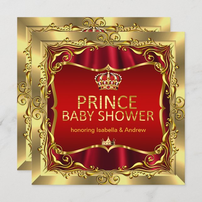 Royal Prince Baby Shower Boy Red Gold Einladung (Vorne/Hinten)