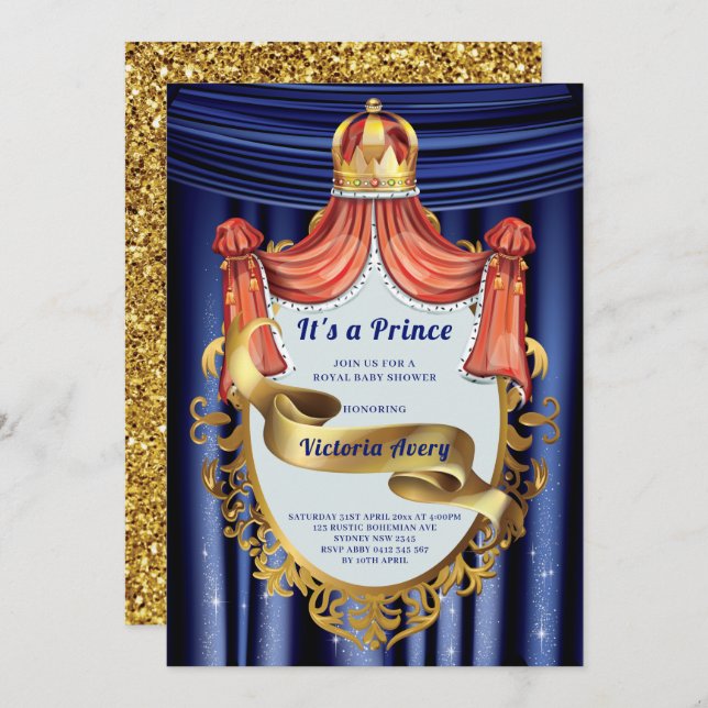 Royal Prince Blue Gold Baby Dusche Einladung (Vorne/Hinten)