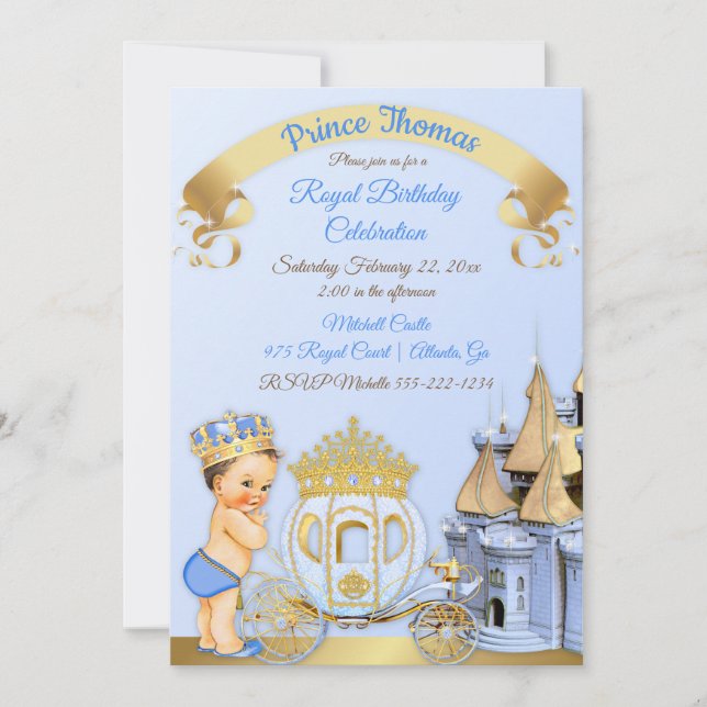Royal Prince Castle Carriage Blue Gold Boy Foto Einladung (Vorderseite)