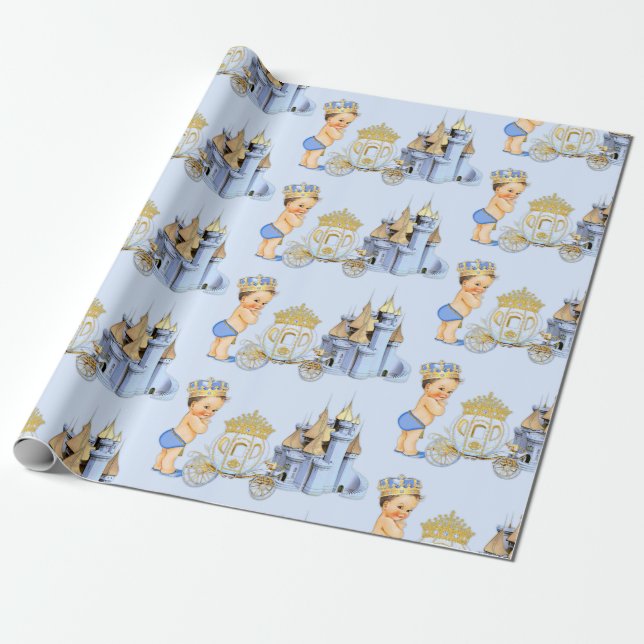 Royal Prince Castle Carriage Blue Gold Boy Geschenkpapier (Ungerollt)