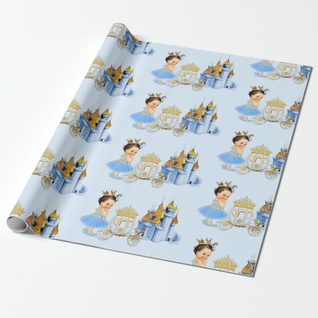 Royal Princess Castle Carriage Blue Gold Girl Geschenkpapier (Ungerollt)
