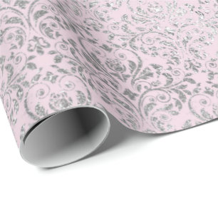Royal Princess Pink Silver Damask Shiny Geschenkpapier