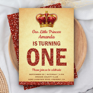 Royal Princess Red Glitzer First Birthday Party Einladung