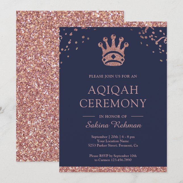 Royal Princess Rose Gold Glitzer Aqeeqah | Aqiqah Einladung (Vorne/Hinten)
