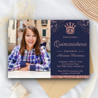 Royal Princess Rose Gold Glitzer Foto Quinceanera Einladung