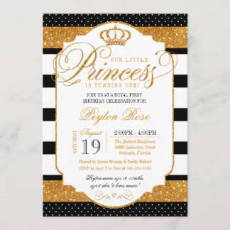 Royal Princess Schwarz-weiß Strip Gold Geburtstag Einladung