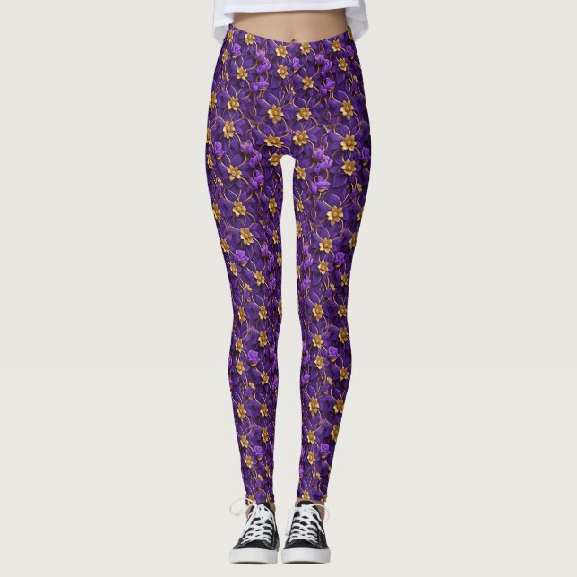 Royal Purple Blumen mit Gold verziert Leggings (Vorderseite)