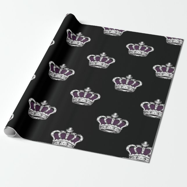 Royal Purple Crown Pattern on Bold Black Back Geschenkpapier (Ungerollt)