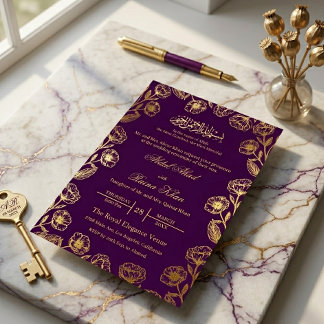 Royal Purple Floral Gold Foil Islamic Muslim Nikah Folieneinladung