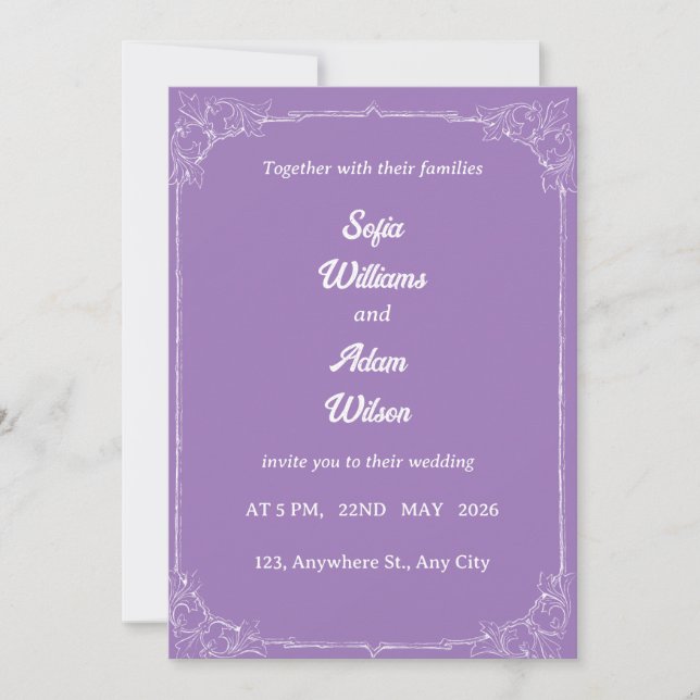 ​Royal Purple & White Filigree Wedding Invitation Einladung (Vorderseite)