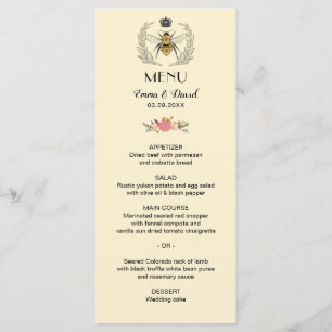 Royal Queen Bee Laurel Wreath Floral Wedding Menu Menükarte