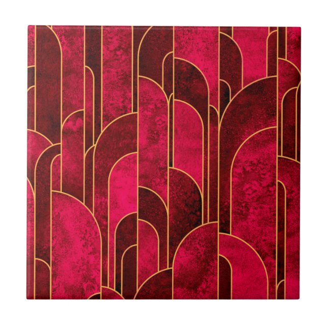 Royal Red and Gold Art Deco Muster Fliese (Vorderseite)
