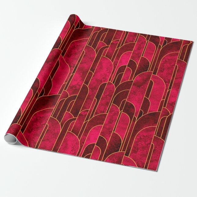 Royal Red and Gold Art Deco Muster Geschenkpapier (Ungerollt)