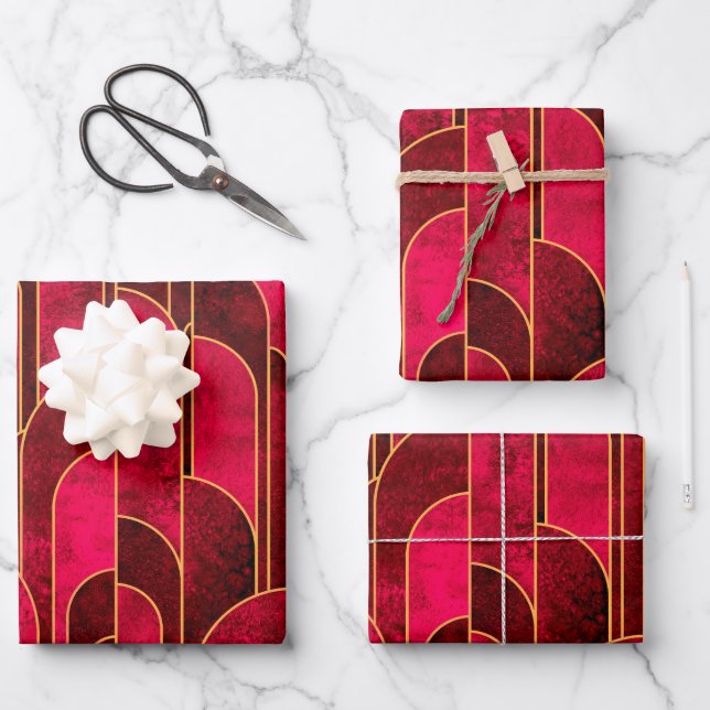 Royal Red and Gold Art Deco Muster Geschenkpapier Set (Vorderseite)