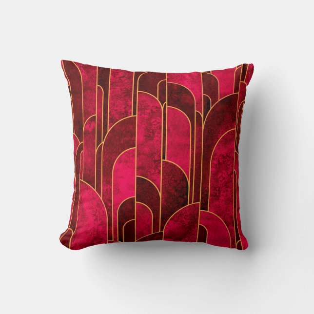 Royal Red and Gold Art Deco Muster Kissen (Vorderseite)