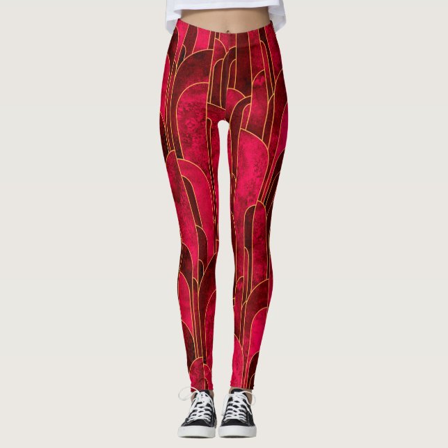 Royal Red and Gold Art Deco Muster Leggings (Vorderseite)