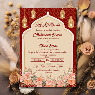 Royal Red and Gold Floral Islamic Wedding Einladung