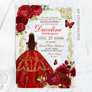 Royal Red and Gold Princessa Quinceañera Acryleinladungen
